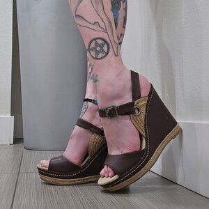 Mossimo ✦ Brown Leather Espadrille Wedge Sandals ✦ Open Toe Buckle Strap 8.5
